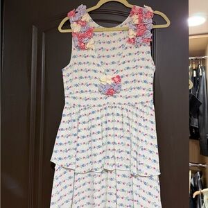 LoveShackFancy Girls White Dress with Pink, Lavender & Cream Rosettes